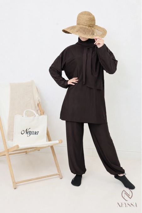 Burkini femme tissu hydrofuge pour femme voilée marron