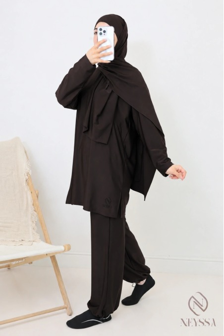 Burkini femme tissu hydrofuge pour femme voilée marron