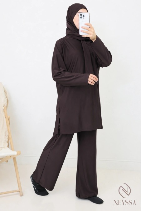 Burkini femme tissu hydrofuge pour femme voilée marron
