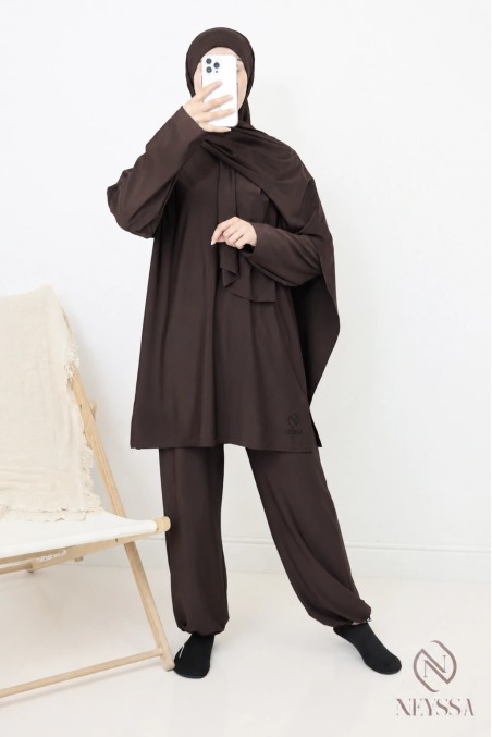 Burkini femme tissu hydrofuge pour femme voilée marron