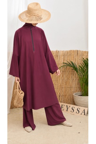 Burkini long bordeaux coupe papillon extra ample, séchage rapide