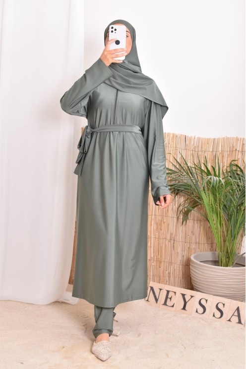 Burkini with long tunic zip for breastfeeding, integrated hijab