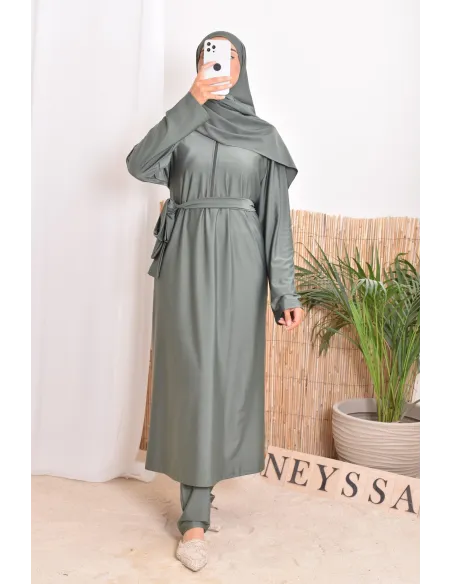 Burkini with long tunic zip for breastfeeding, integrated hijab