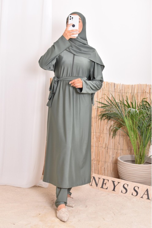 Burkini with long tunic zip for breastfeeding, integrated hijab