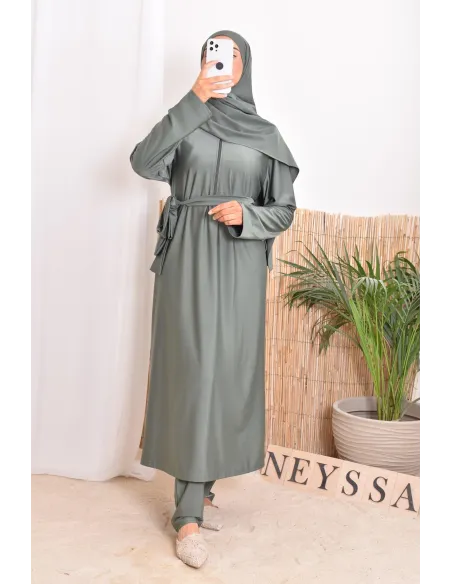 Burkini with long tunic zip for breastfeeding, integrated hijab