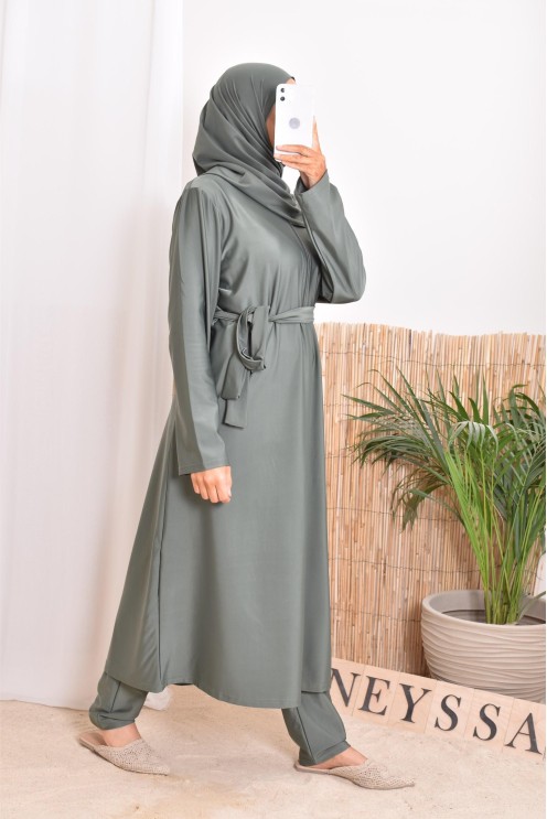 Burkini with long tunic zip for breastfeeding, integrated hijab