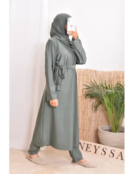 Burkini with long tunic zip for breastfeeding, integrated hijab