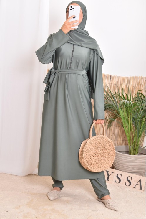 Burkini with long tunic zip for breastfeeding, integrated hijab