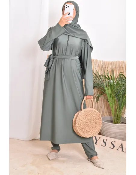 Burkini with long tunic zip for breastfeeding, integrated hijab