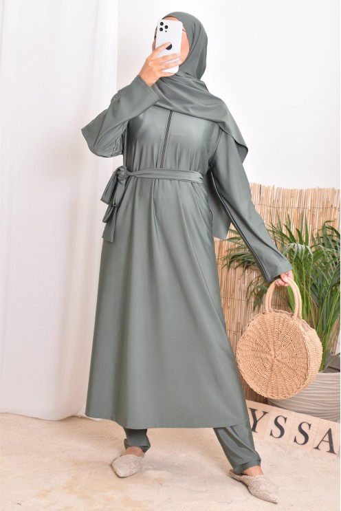 Burkini with long tunic zip for breastfeeding, integrated hijab