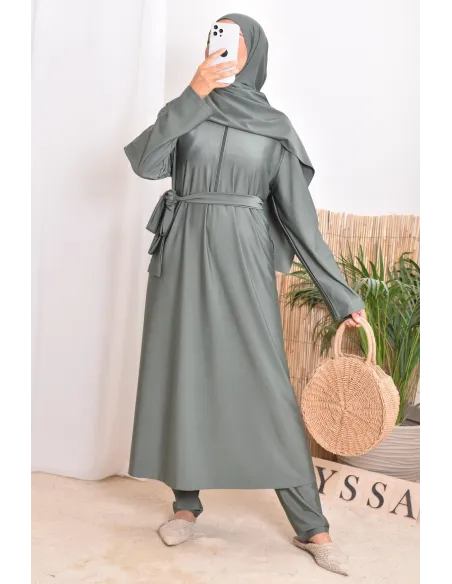 Burkini with long tunic zip for breastfeeding, integrated hijab