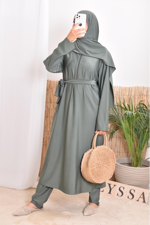 Burkini with long tunic zip for breastfeeding, integrated hijab