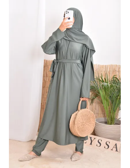 Burkini with long tunic zip for breastfeeding, integrated hijab
