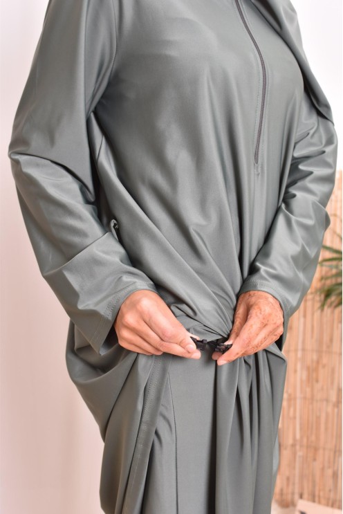 Burkini with long tunic zip for breastfeeding, integrated hijab