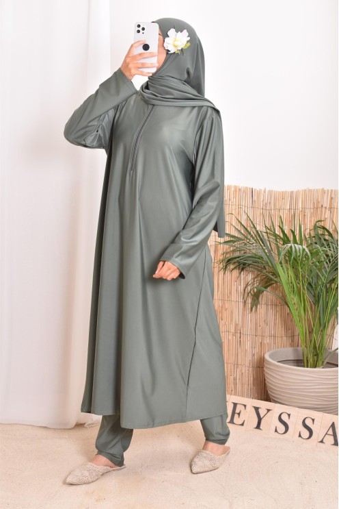 Burkini with long tunic zip for breastfeeding, integrated hijab
