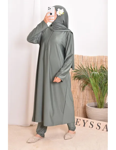 Burkini with long tunic zip for breastfeeding, integrated hijab