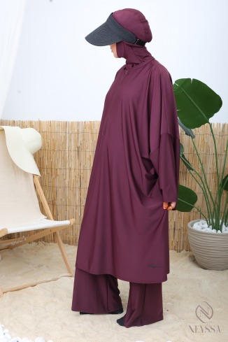 Burkini long bordeaux coupe papillon extra ample, séchage rapide