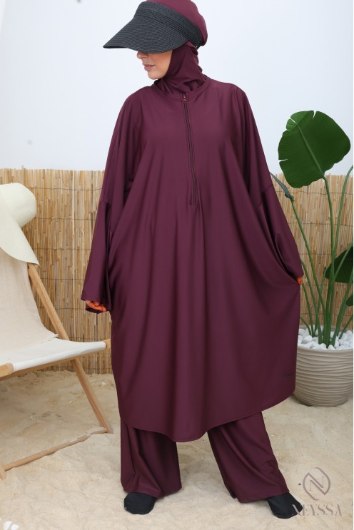 Burkini long bordeaux coupe papillon extra ample, séchage rapide