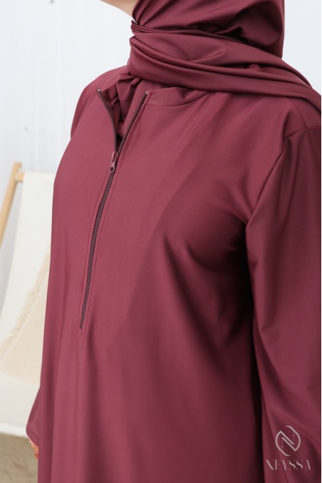 4-Piece Burgundy Long Zip-Up Tunic Burkini