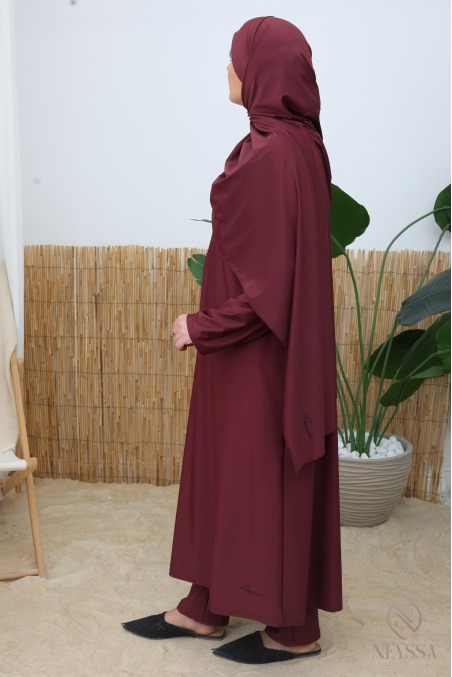 Burkini 4 Pièces Couvrant Burgundy Tunique Zippée Longue