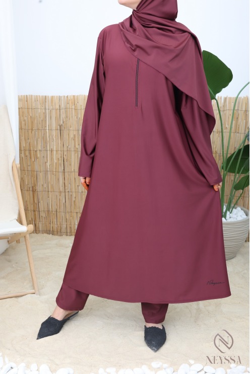 Burkini 4 Pièces Couvrant Burgundy Tunique Zippée Longue