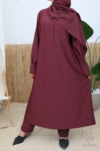 Burkini 4 Pièces Couvrant Burgundy Tunique Zippée Longue