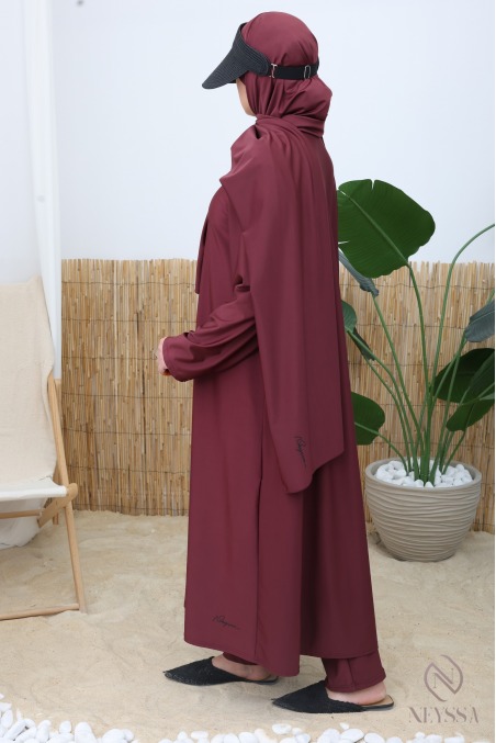 Burkini 4 Pièces Couvrant Burgundy Tunique Zippée Longue