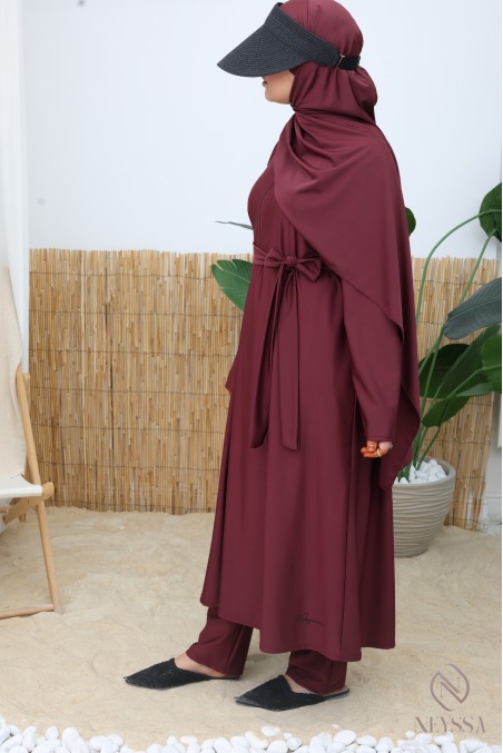 Burkini 4 Pièces Couvrant Burgundy Tunique Zippée Longue