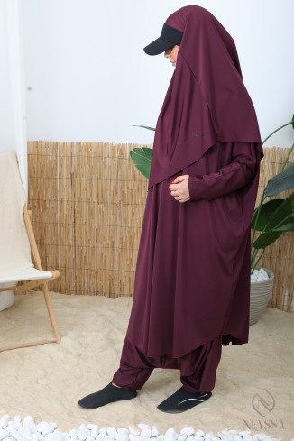 Modest fig-print swim jilbab in water-repellent fabric, burkini khimar