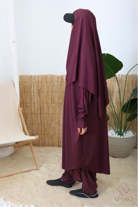 Modest fig-print swim jilbab in water-repellent fabric, burkini khimar