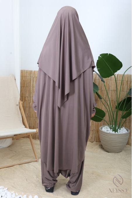 3-teiliger Burkini mit Jilbab in Dunkelgrau und Sarouel-Hose