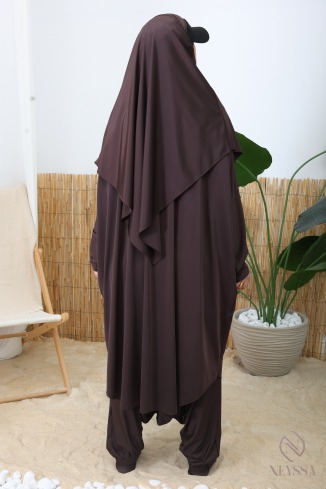 Chocolate-colored Neyssa swim jilbab with loose-fitting harem pants 2