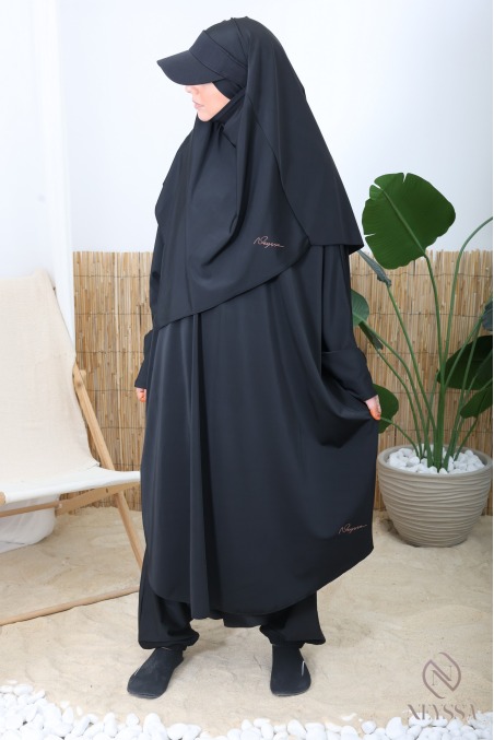 3-piece swim jilbab set with a tie-front khimar, made from Neyssa
