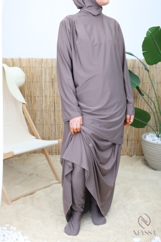 Burkini with long skirt in dark taupe swimwear fabric 2