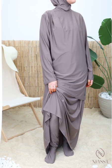 Burkini with long skirt in dark taupe swimwear fabric