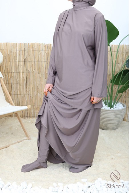 Burkini with long skirt in dark taupe swimwear fabric