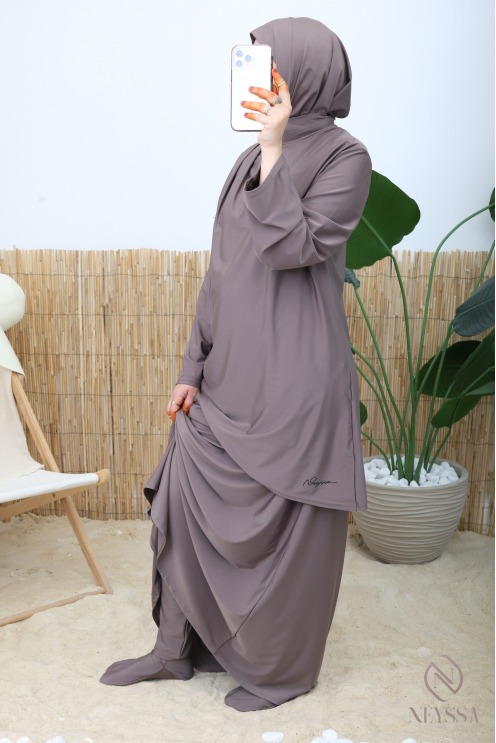 Burkini with long skirt in dark taupe swimwear fabric