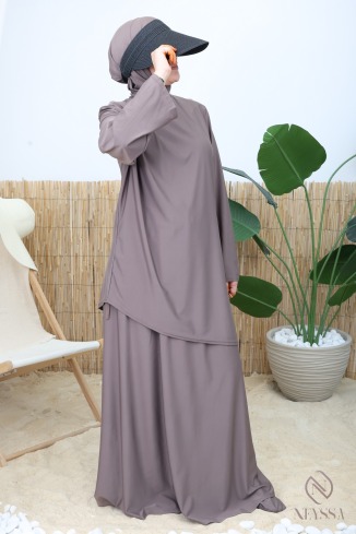 Burkini avec jupe longue tissu maillot de bain Taupe foncé