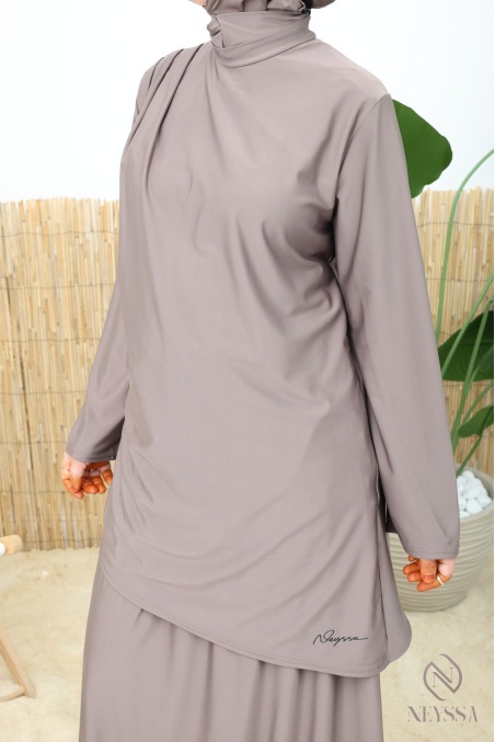 Burkini avec jupe longue tissu maillot de bain Taupe foncé