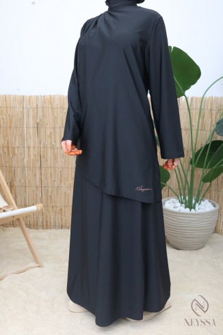 Modischer schwarzer Burkini mit langem Rock aus Badestoff