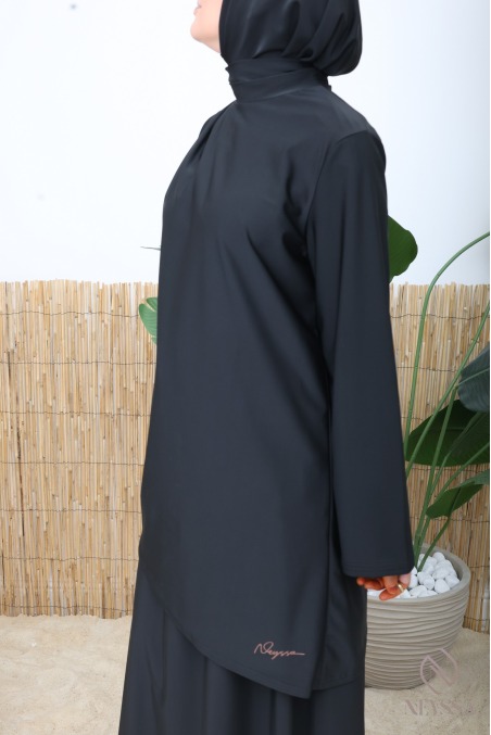 Burkini noir tendance avec jupe longue tissu maillot de bain