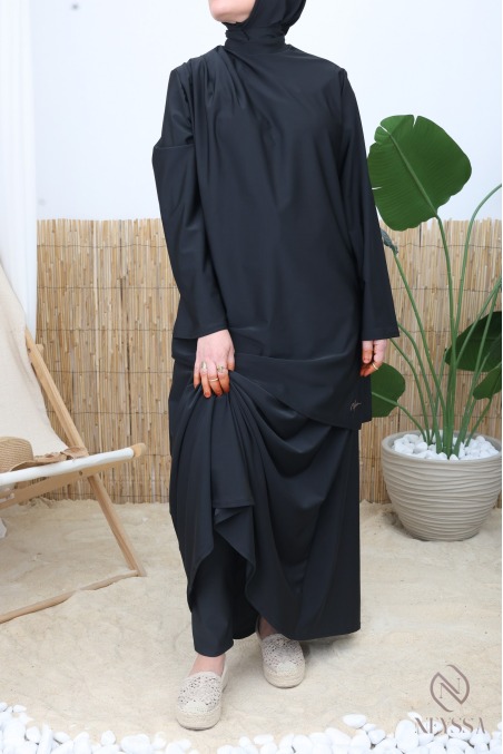 Burkini noir tendance avec jupe longue tissu maillot de bain