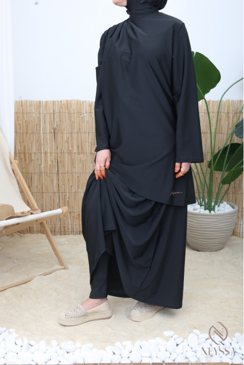 Burkini noir tendance avec jupe longue tissu maillot de bain