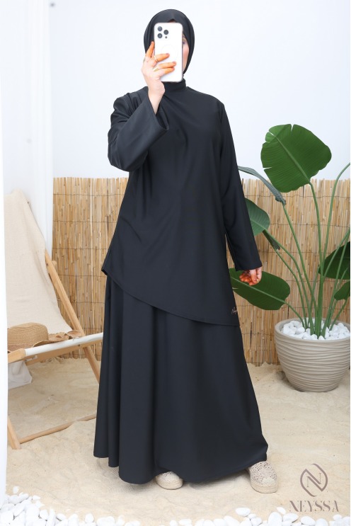 Burkini noir tendance avec jupe longue tissu maillot de bain