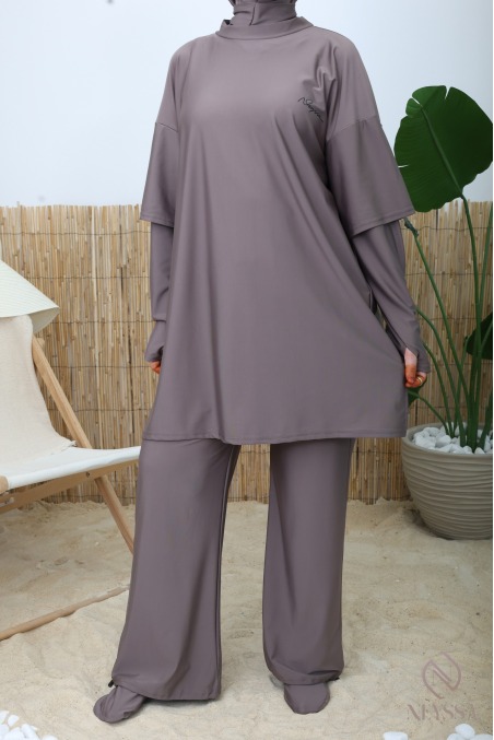 Burkini de bain tendance taupe foncé séchage rapide