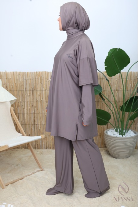 Burkini de bain tendance taupe foncé séchage rapide
