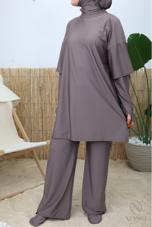 Trendy dark taupe quick-dry swim burkini
