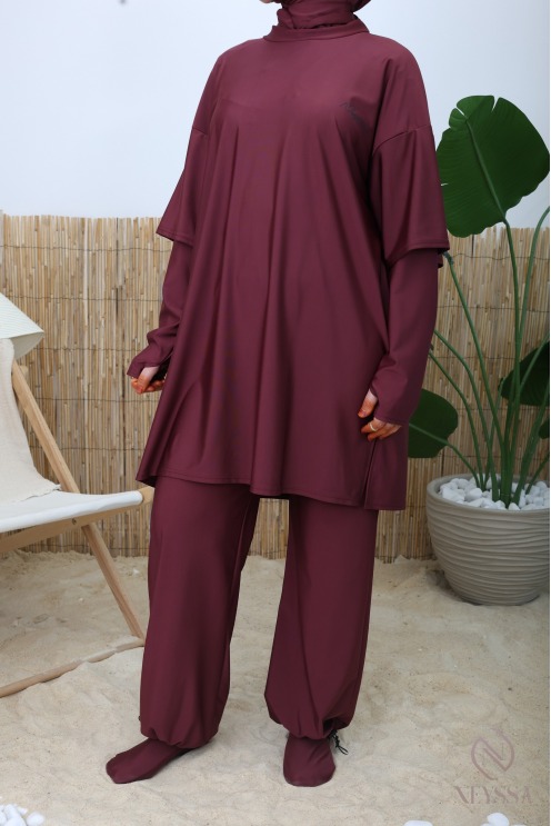 Burkini 3 pièces tunique + palazzo + cagoule de bain tissu hydrofuge