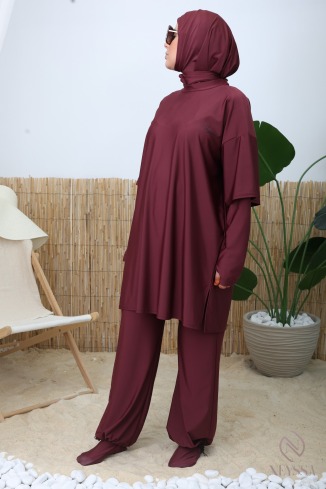 Burkini 3 pièces tunique + palazzo + cagoule de bain tissu hydrofuge