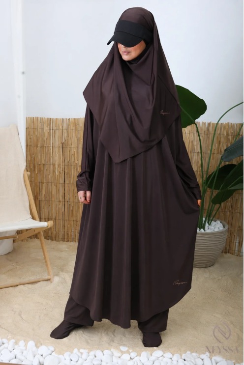 Modest chocolate burkini for woman bath jilbeb with khimar